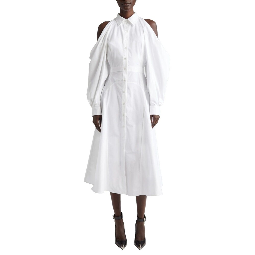 $2300 Alexander McQueen Cold Shoulder Cotton Midi Shirt Dress White IT 40 / US 4